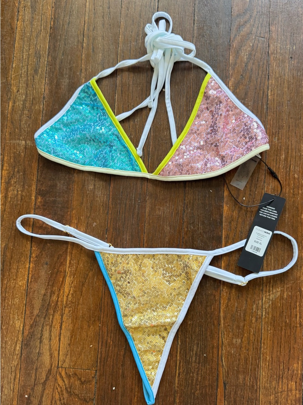 Fashion Nova Sequin Multicolor Triangle Bikini - Turquoise, Pink, Gold